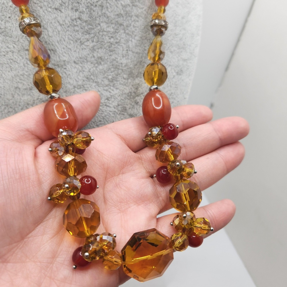 Boho Amber Glass Crystal Statement Necklace Earrings Set Carnelian‎ Style Heavy